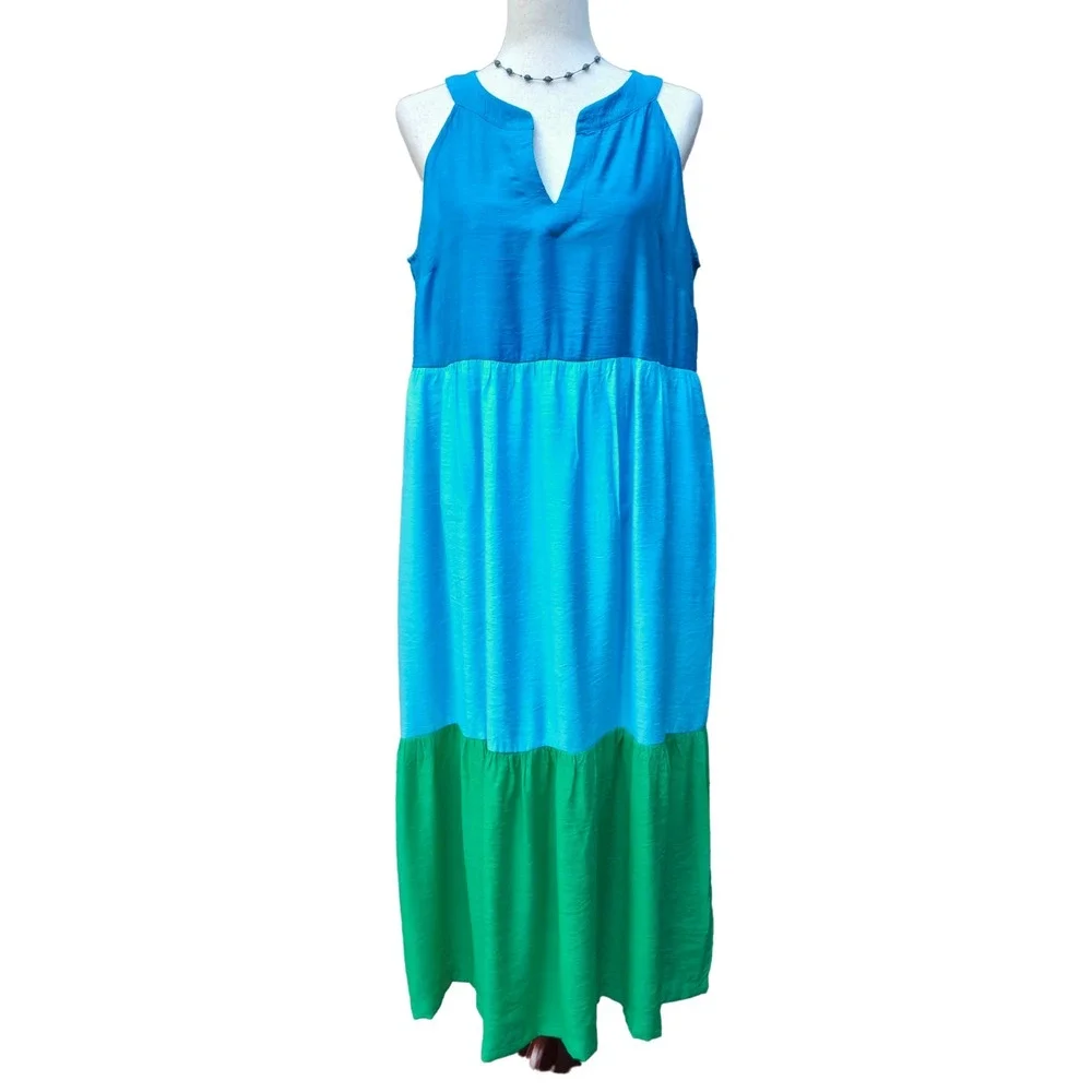 J. Jill Maxi Dress PM Blue Green Colorblock Tiered Boho Coastal Summer - Picture 4 of 16